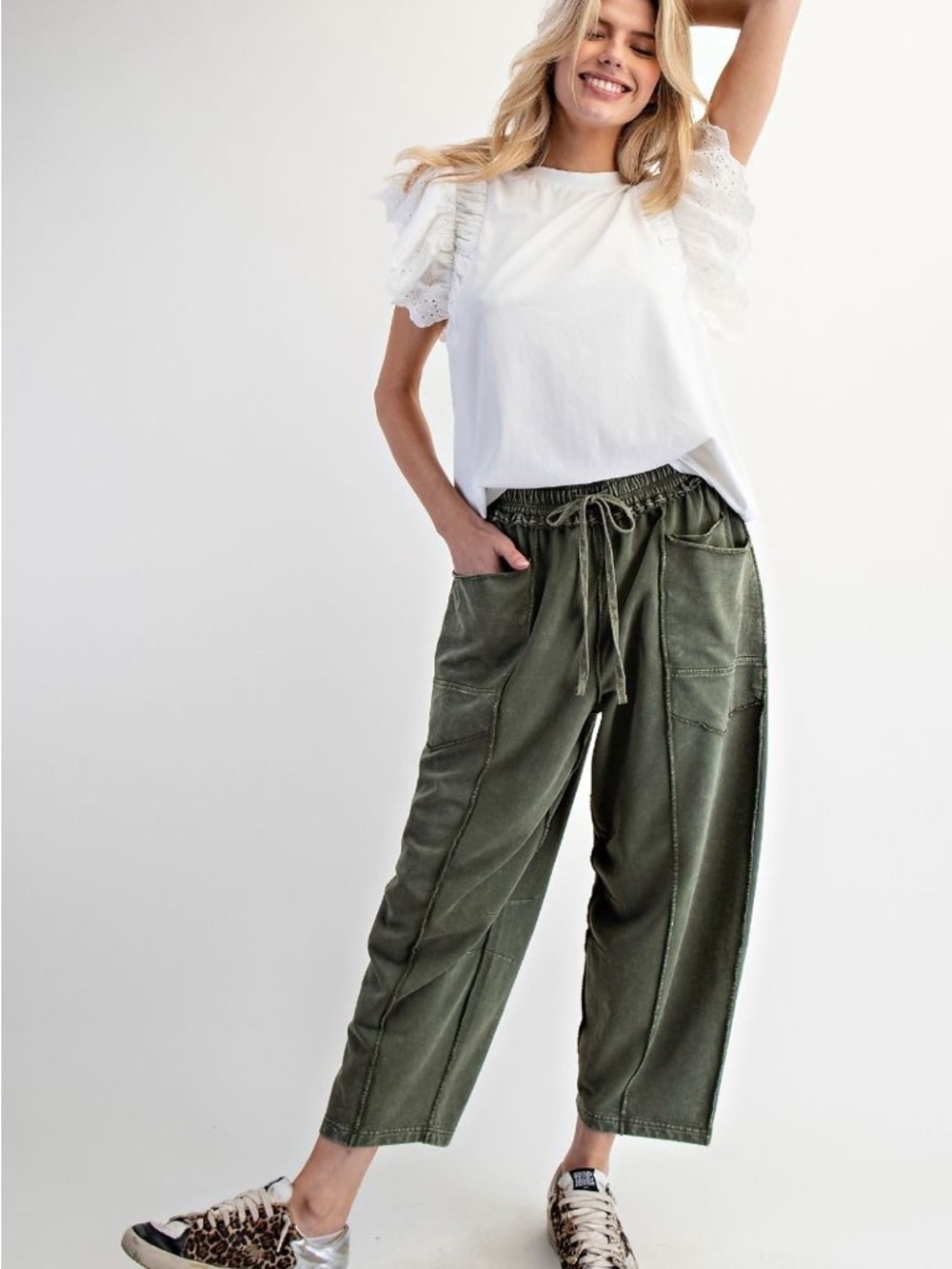 Easel Eryn Mineral Washed Terry Knit Barrel Leg Pants size large - Picture 4 of 5